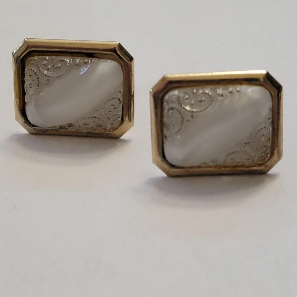 White Pearl Cufflinks Mens Shell Inlay Engraved Gold Tone Vintage Fixed Back
